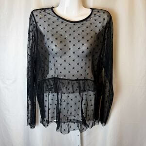Massini Black Sheer Mesh Star Top Long Sleeve Peplum Ruffle Hem Women’s Large